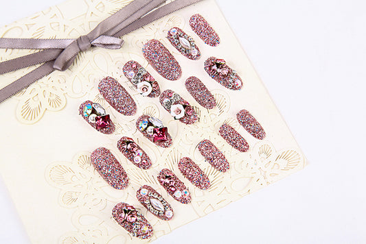 (M-99)Medium and long pink fake nails inlaid with diamonds 24PCS