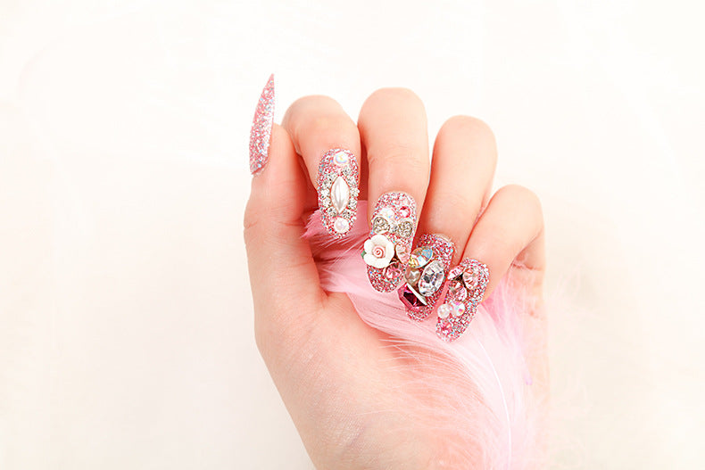 (M-99)Medium and long pink fake nails inlaid with diamonds 24PCS