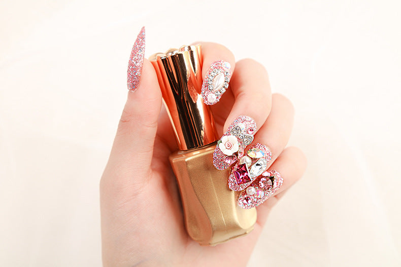 (M-99)Medium and long pink fake nails inlaid with diamonds 24PCS