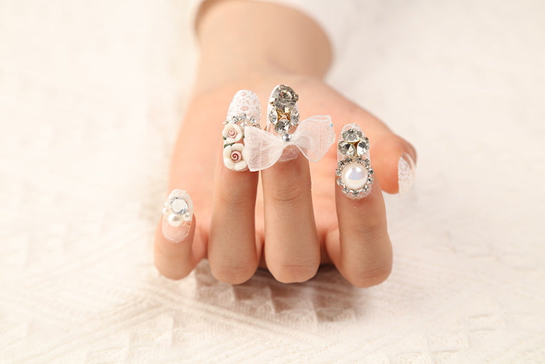 (08)White princess-Glossy False Nails Crystal Rhinestone Fake Nails Peral Full Cover Nails Tips Sets Wedding Party Prom Clip on Nails for Women and Girls (24pcs)