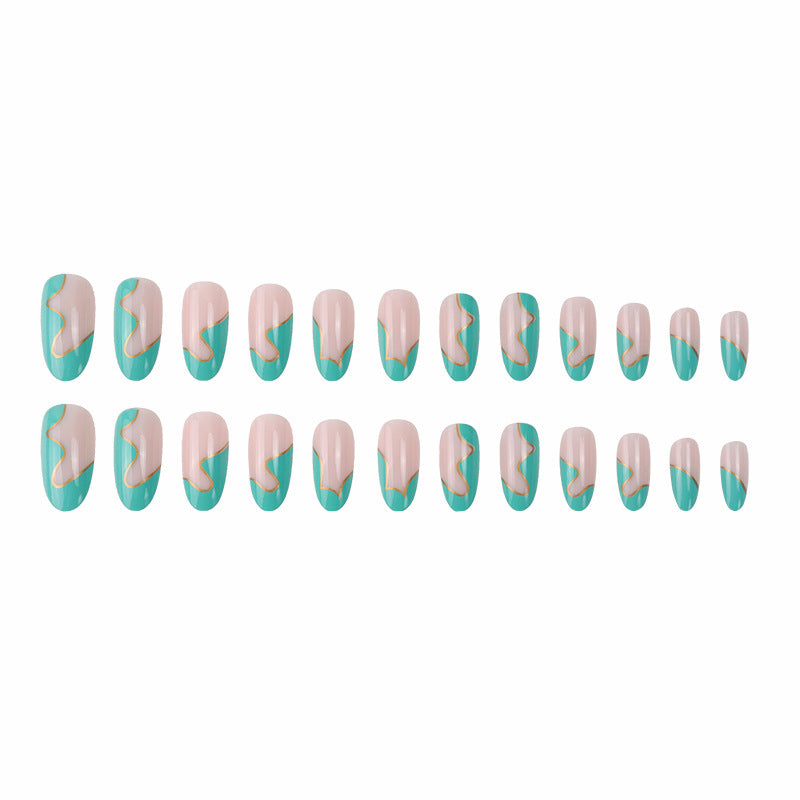 (24)Spring French-Almond Nail Green French Fake Nails