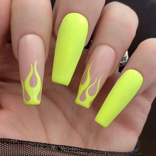 (30)Passion Flame-Yellow Flame Press on Nails Medium Length,Glossy Full Cover Fake Nails With Glue Sticker,False Nails Art Decoration,Home DIY Fingernails Artificial Acrylic Nails Tips for Women Girls 24PCS