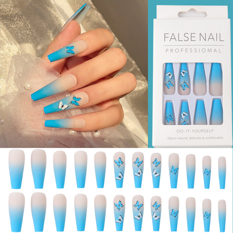 (29)Blue Coffin Press On Nails, Long Ballerina Fake Nails False Nails, Press On Nails with Designs, Glue On Nails, 24PCS Press Ons Full Size for Women Girls(L-015)