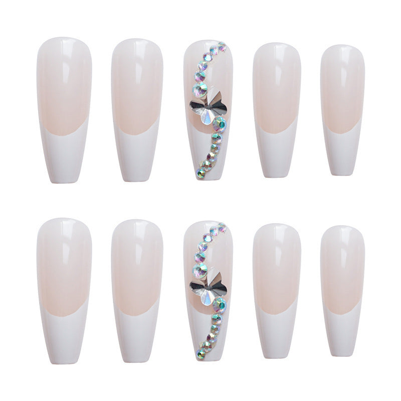 (L-59)24 Pcs Press on Nails Long Fake Nails Acrylic Ballet French White Illuminate Butterfly adhesive tape on Nails Design Nails for Women and Girls