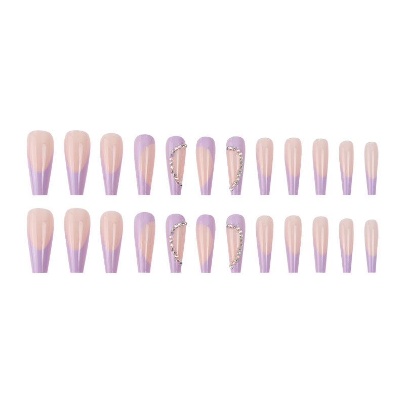 (19)Purple Heart- Extra Long Coffin Press Fake Nails Butterfly Designed Ballerina French Nails Tips Cute Full Cover Artificial False Nails Sets for Women and Girls 24Pcs