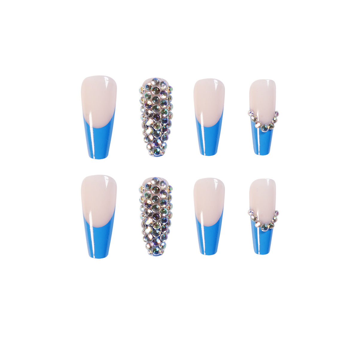 (23)Shine blue-Extra Long Coffin Press Fake Nails Butterfly Designed Ballerina French Nails Tips Cute Full Cover Artificial False Nails Sets for Women and Girls 24Pcs