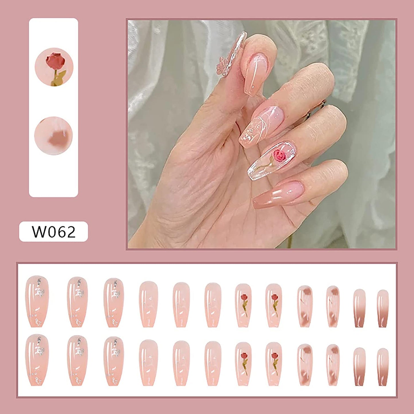 (L-53)Watercolor Roses-Glossy Ballerina Fake Nails with Design Medium Red Press on Nails Coffin Shape False Nails with Roses Acrylic Nails for Women and Teen Girls(24pcs)