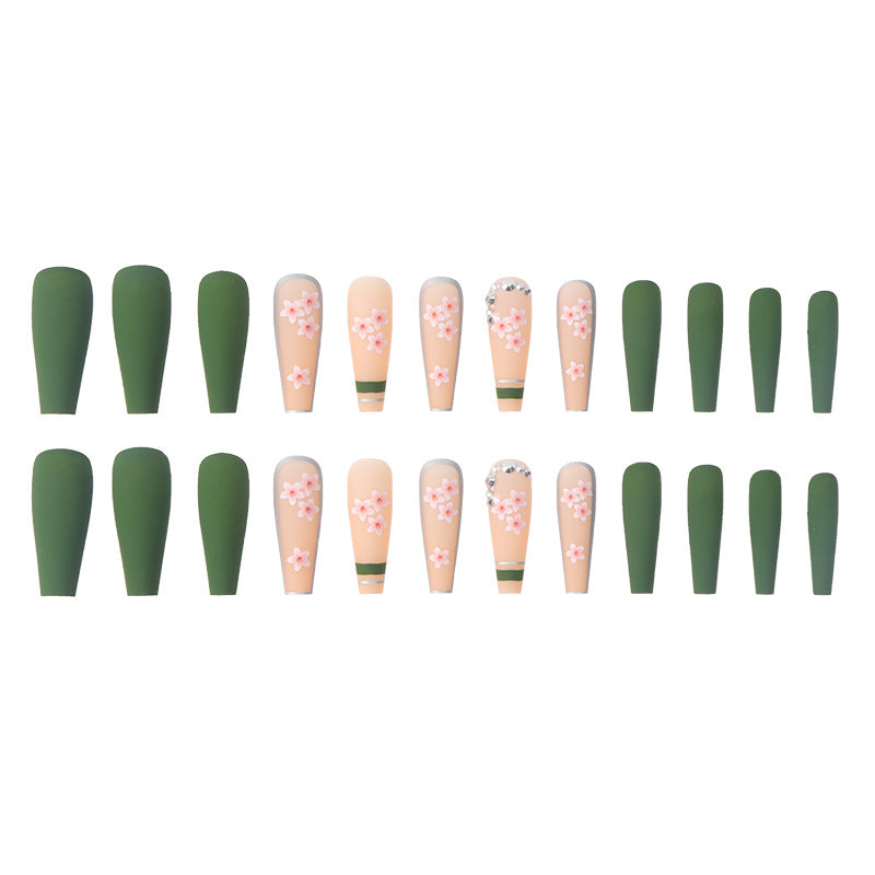 (35)Green Flowers-Long Coffin Press on Nails with Designs Ballerina Fake Nails Tips Full Cover Acrylic False Nails for Women and Girls24PCS