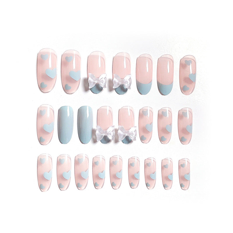 (L-43)Sweet Girl-24Pcs French Coffin Press on Nails, Glossy Long Ballerina False Nails, Cute Heart Acrylic Nail Tips with Design for Women and Girls