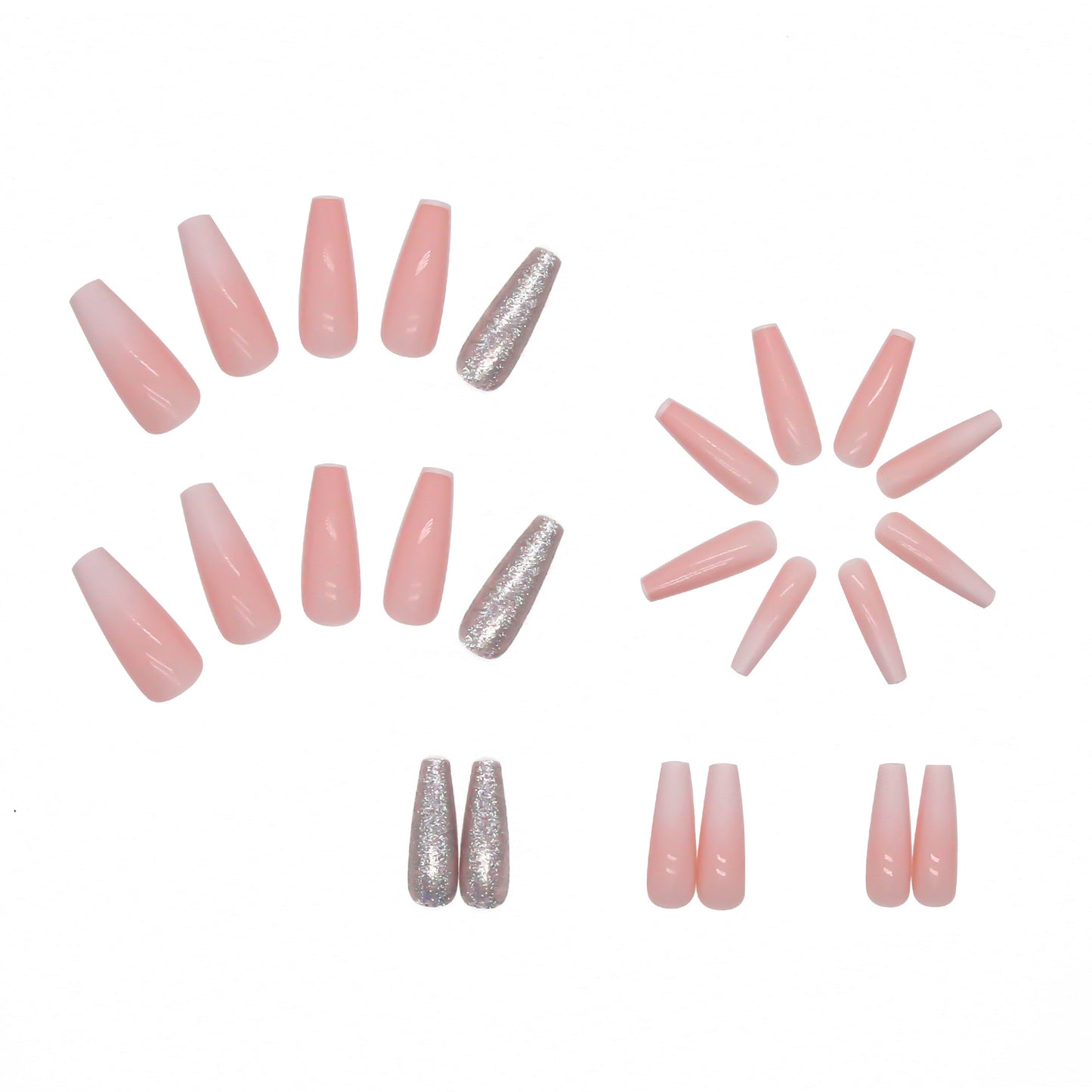 (12)Pink Sweetheart-Glossy Pink Fake Nails Extra Long Coffin Press on Nails Glitter Crystal Ballerina Ombre Gradient Full Cover Artificial False Nails Tips for Women and Girls 24Pcs