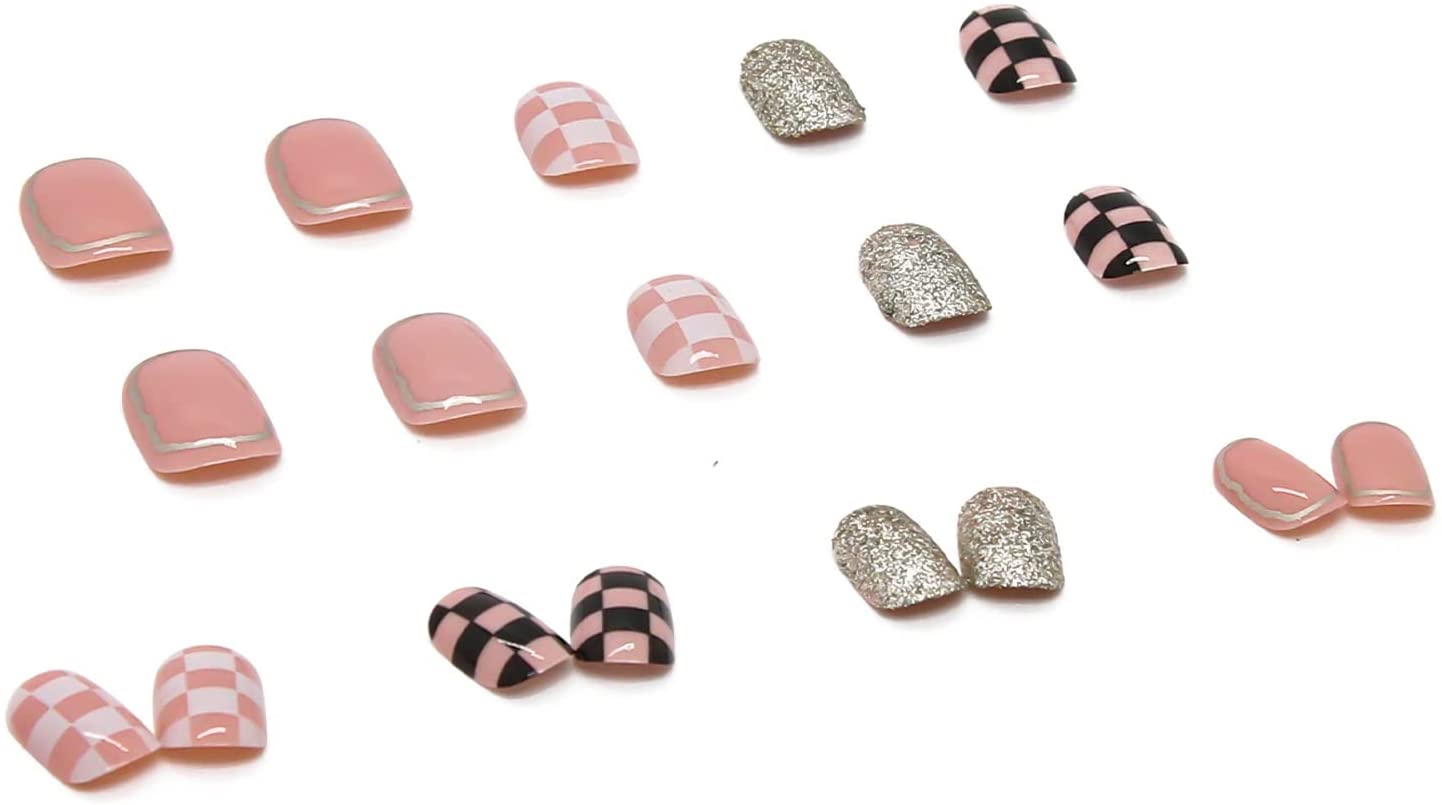 (05)Strobe Checkerboard-Short Press on Nails, Glossy Square Fake Nails, Squoval False Nails, Checkerboard Acrylic Nails with Glue for Women and Girls