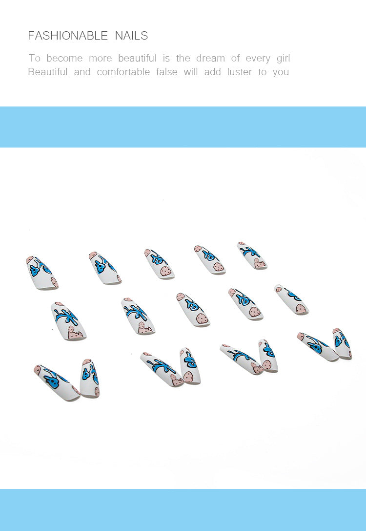 Cute Cookies-24pcs Extra Long Cookies Press on Nails Coffin Fake Nails Full Cover Acrylic Blue False Nails Tips Glossy Ballerina Clip on Nails for Women and Girls(L-36)