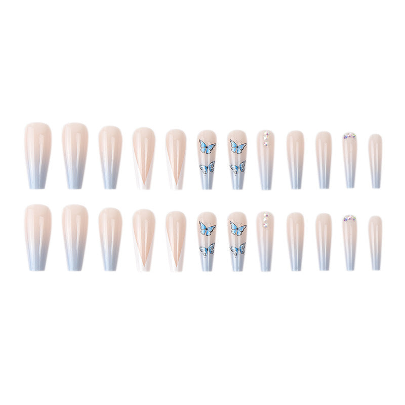 (L-016)Foccna Extra Long French Press on Nails Luxury Butterfly Rhinestone Fake Nails Blue Square Acrylic False Nails With Glue Sticker Prom Women's Nails False Nails for Nail Art Manicure Decoration