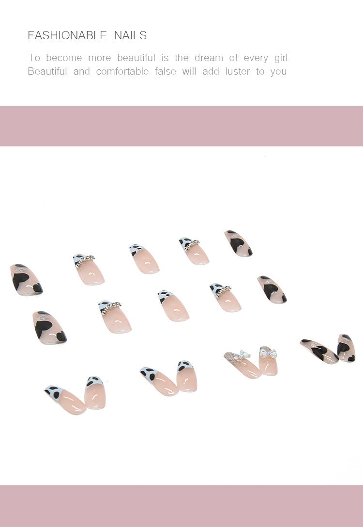 (L-55)Cow Butterfly-24PCS Press on Nails Long Acrylic Ballerina Coffin Fake Nails Full Cover False Nails with Cow Printed Rhinestonew Sparkling Bow for Women Girls