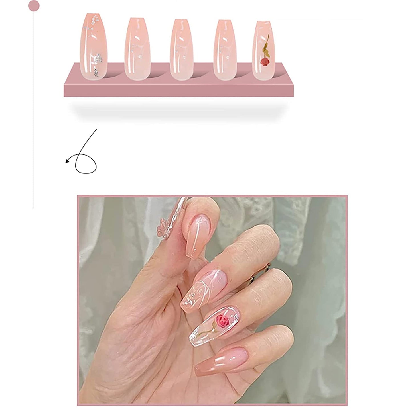 (L-53)Watercolor Roses-Glossy Ballerina Fake Nails with Design Medium Red Press on Nails Coffin Shape False Nails with Roses Acrylic Nails for Women and Teen Girls(24pcs)