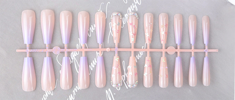 (L-025)Dream Butterfly-Glossy Extra Long Nude Fake Nails,Press on Nails with Butterfly Sequins Glitter Rhinestone Designs Acrylic Square Full Cover Artificial Fake Nails 24pcs