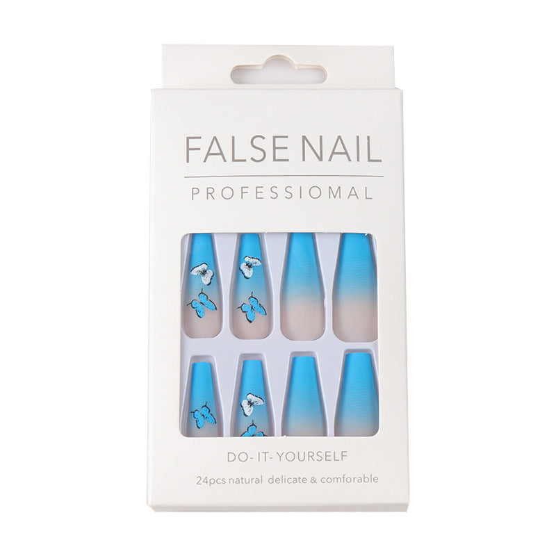 (29)Blue Coffin Press On Nails, Long Ballerina Fake Nails False Nails, Press On Nails with Designs, Glue On Nails, 24PCS Press Ons Full Size for Women Girls(L-015)