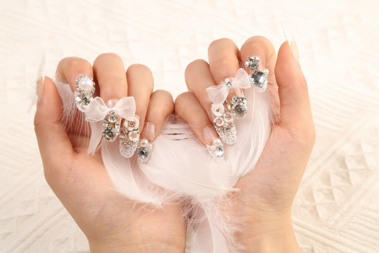 (08)White princess-Glossy False Nails Crystal Rhinestone Fake Nails Peral Full Cover Nails Tips Sets Wedding Party Prom Clip on Nails for Women and Girls (24pcs)