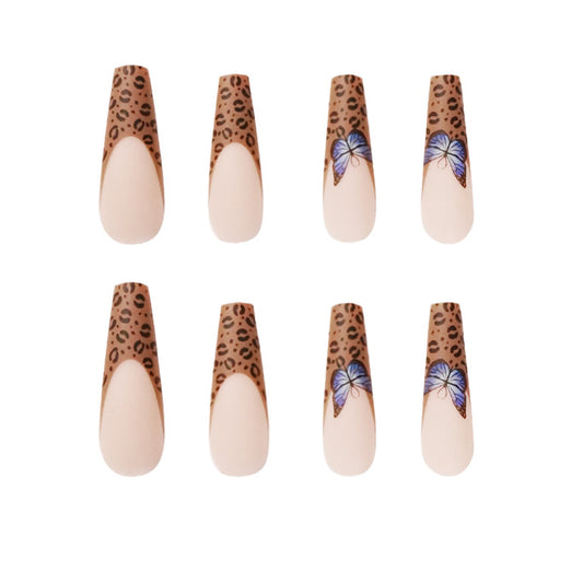 Sexy Butterfly - Extra Long Coffin Press on Nails Matte Brown Leopard Fake Nails Butterfly Designed Ballerina French Nails Tips Cute Full Cover Artificial False Nails Sets for Women and Girls 24Pcs