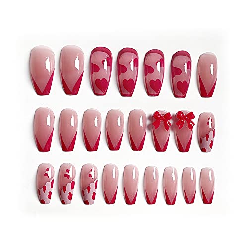 (M-15)Pink Girl-Bow Fake Nails Pink Press On Nails Ballet False Nails for Girls Women (24PCS)