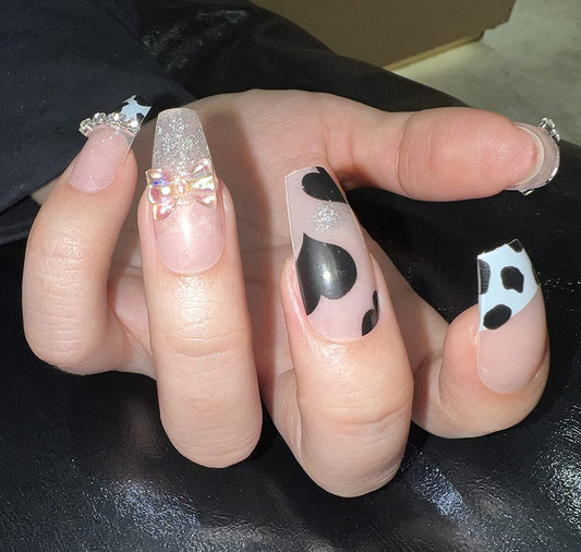 (L-55)Cow Butterfly-24PCS Press on Nails Long Acrylic Ballerina Coffin Fake Nails Full Cover False Nails with Cow Printed Rhinestonew Sparkling Bow for Women Girls