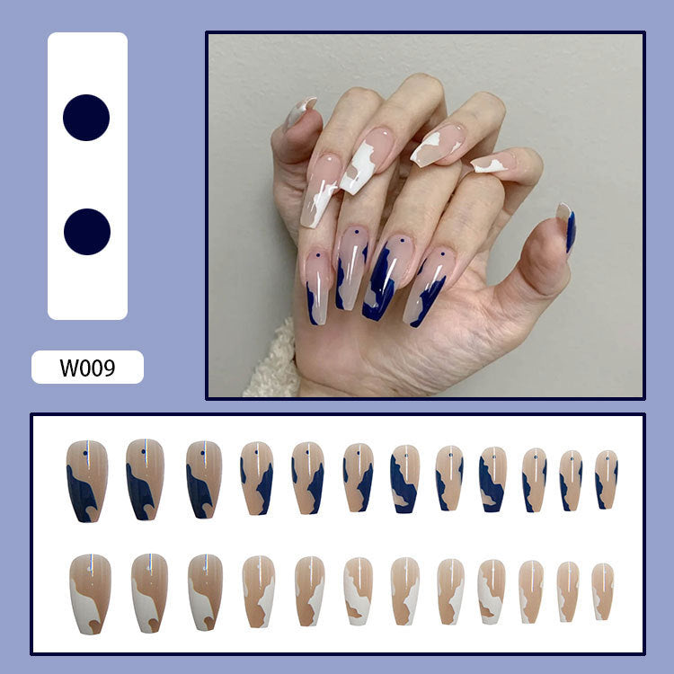 (06)Pattern-Nude Coffin Press on Nails, Blue and White Geometric Pattern Fake Nails, Mandarin Duck False Nails, Stick on Nails for Women and Girls, Medium Length Artificial Nail Tips, Nail Art Decoration 24Pcs