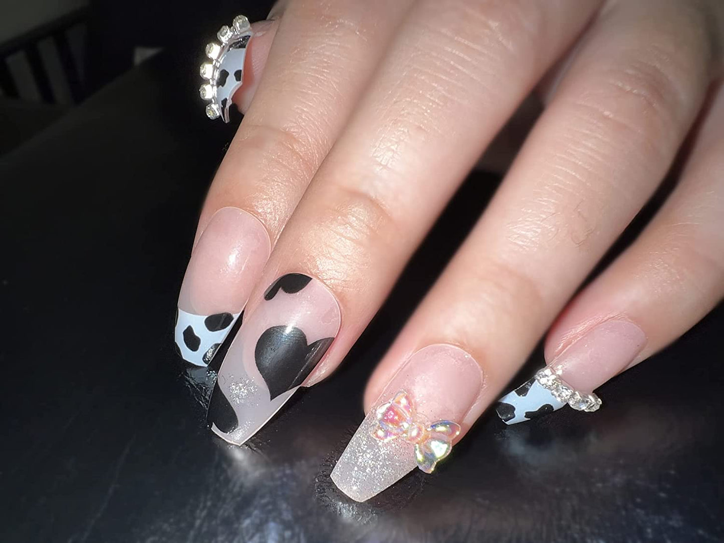 (L-55)Cow Butterfly-24PCS Press on Nails Long Acrylic Ballerina Coffin Fake Nails Full Cover False Nails with Cow Printed Rhinestonew Sparkling Bow for Women Girls