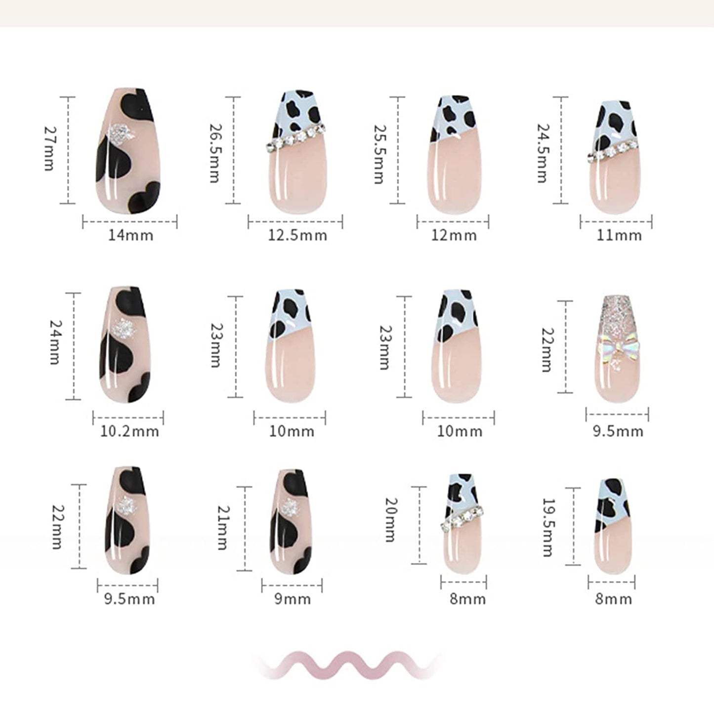 (L-55)Cow Butterfly-24PCS Press on Nails Long Acrylic Ballerina Coffin Fake Nails Full Cover False Nails with Cow Printed Rhinestonew Sparkling Bow for Women Girls