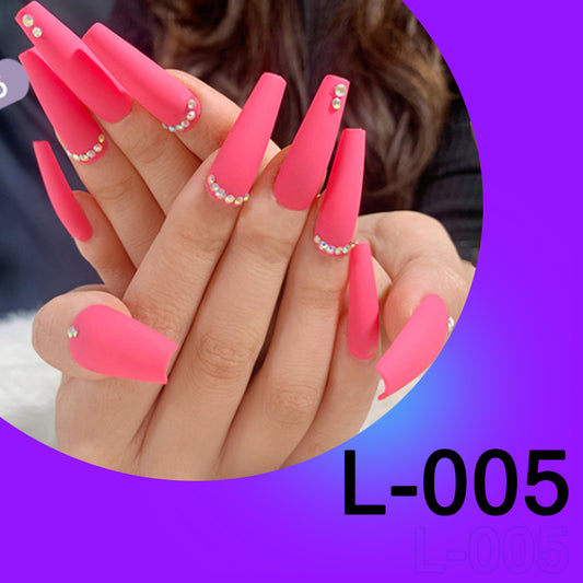 (L-005)Pink Necklace Gem  Coffin Fake Nails Acrylic Press on Full Cover Fake Nails 24pcs