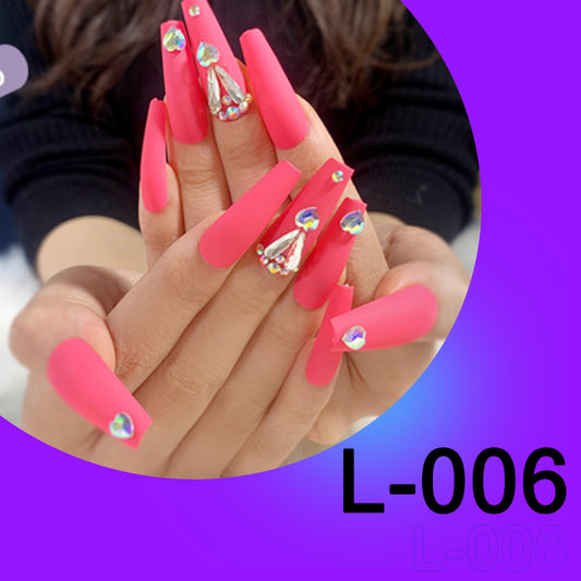 (L-006)Pink Love Gem  Coffin Fake Nails Acrylic Press on Full Cover Fake Nails 24pcs