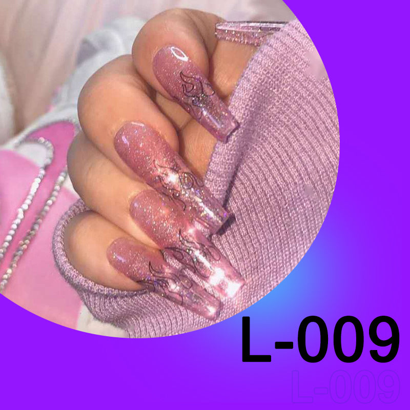 (L-009)Coffin Press on Nails Purple Glitter Fake Nails Matte Flame False Nails Long Full Cover Faux Nails Art for Women and Girls (24 PCS)