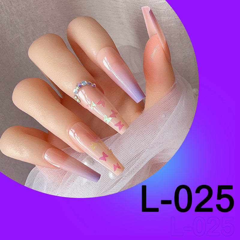 (L-025)Dream Butterfly-Glossy Extra Long Nude Fake Nails,Press on Nails with Butterfly Sequins Glitter Rhinestone Designs Acrylic Square Full Cover Artificial Fake Nails 24pcs