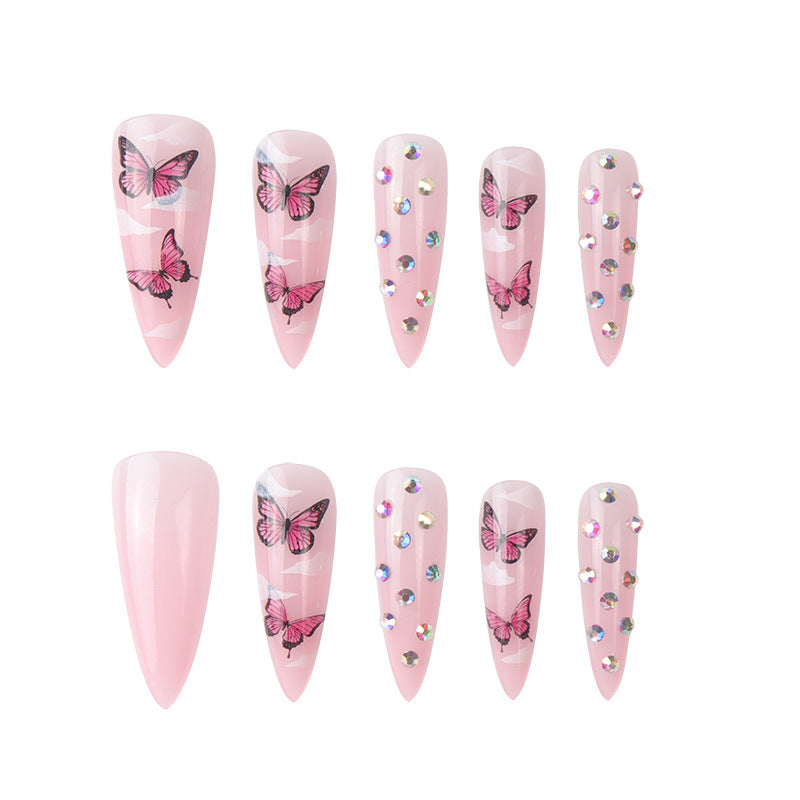 LP-Diamond Butterfly-Long Pointed Glossy Detachable Fake Nails 24pcs