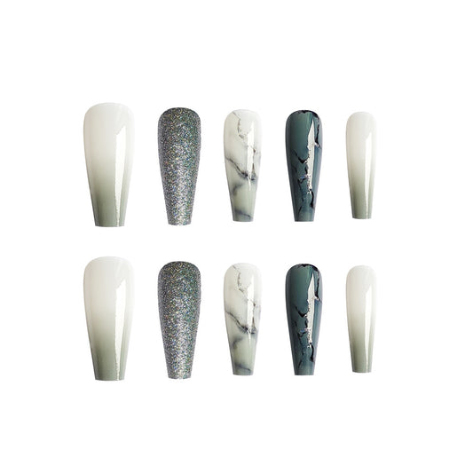 LS-Marble Style-Long Square Glossy Detachable Fake Nails 24pcs