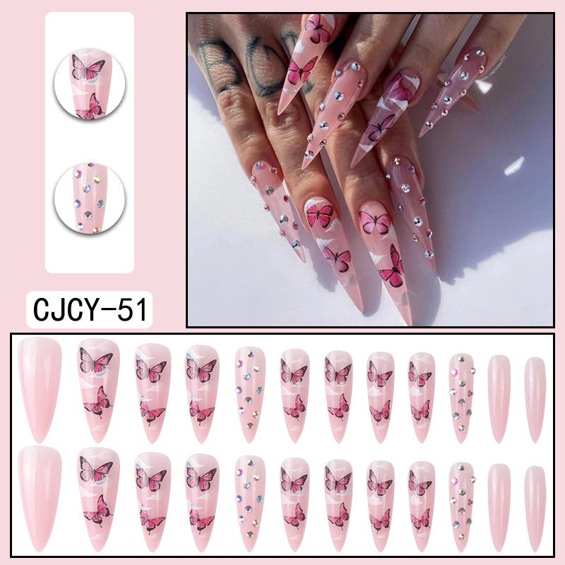 LP-Diamond Butterfly-Long Pointed Glossy Detachable Fake Nails 24pcs