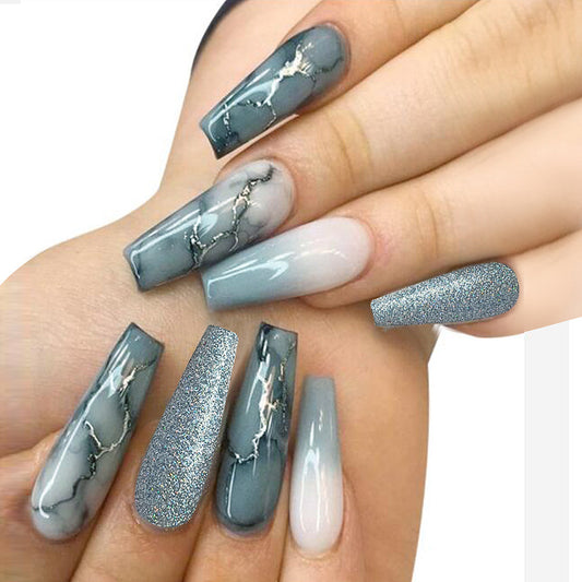 LS-Marble Style-Long Square Glossy Detachable Fake Nails 24pcs