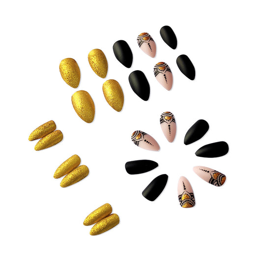 Black and gold spice fake nails 24pcs