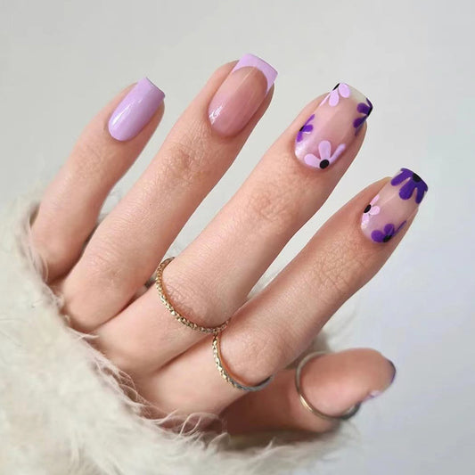 SS-Purple Flower-Short Square Glossy Detachable Fake Nails 24pcs