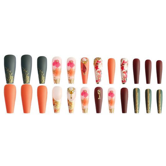 LS-NIGHT FLOWER- Long Almond Nail Shiny Fake Nails 24 Pieces【HALO STUDIO】