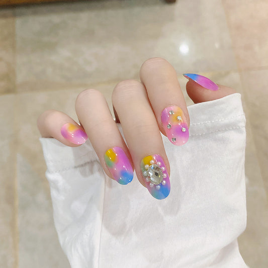 Color fruit-flavored rhinestone nails 24pcs