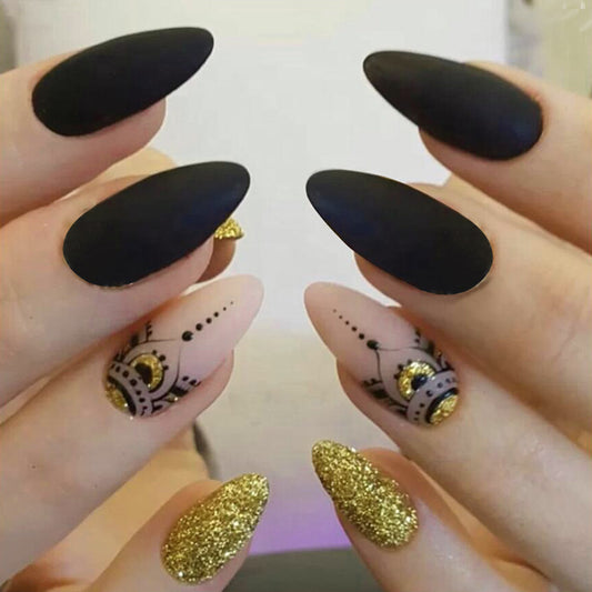 Black and gold spice fake nails 24pcs
