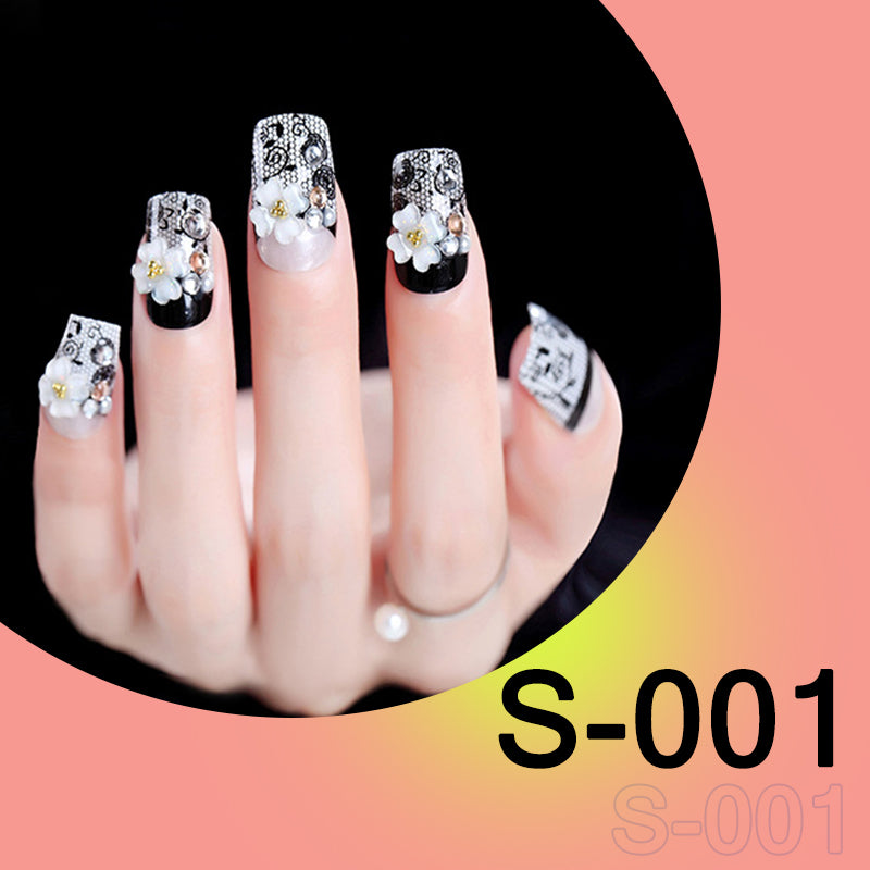 (S-001)Glossy Fake Nails Short Black Press on Nails 3D Bling Glitter False Nails Square Full Cover Acrylic Nails for Women and Girls 24Pcs