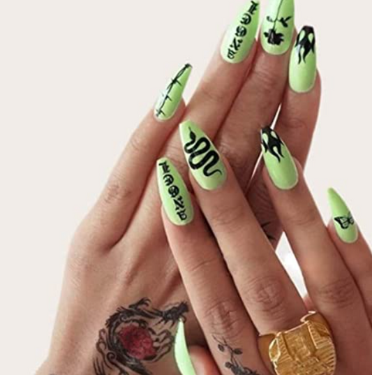(26)24Pcs Fashion Glossy Full Cover Coffin Pattern Acrylic Fake Nails Tips Party Night Club Clip Press(Neon Green)M-001