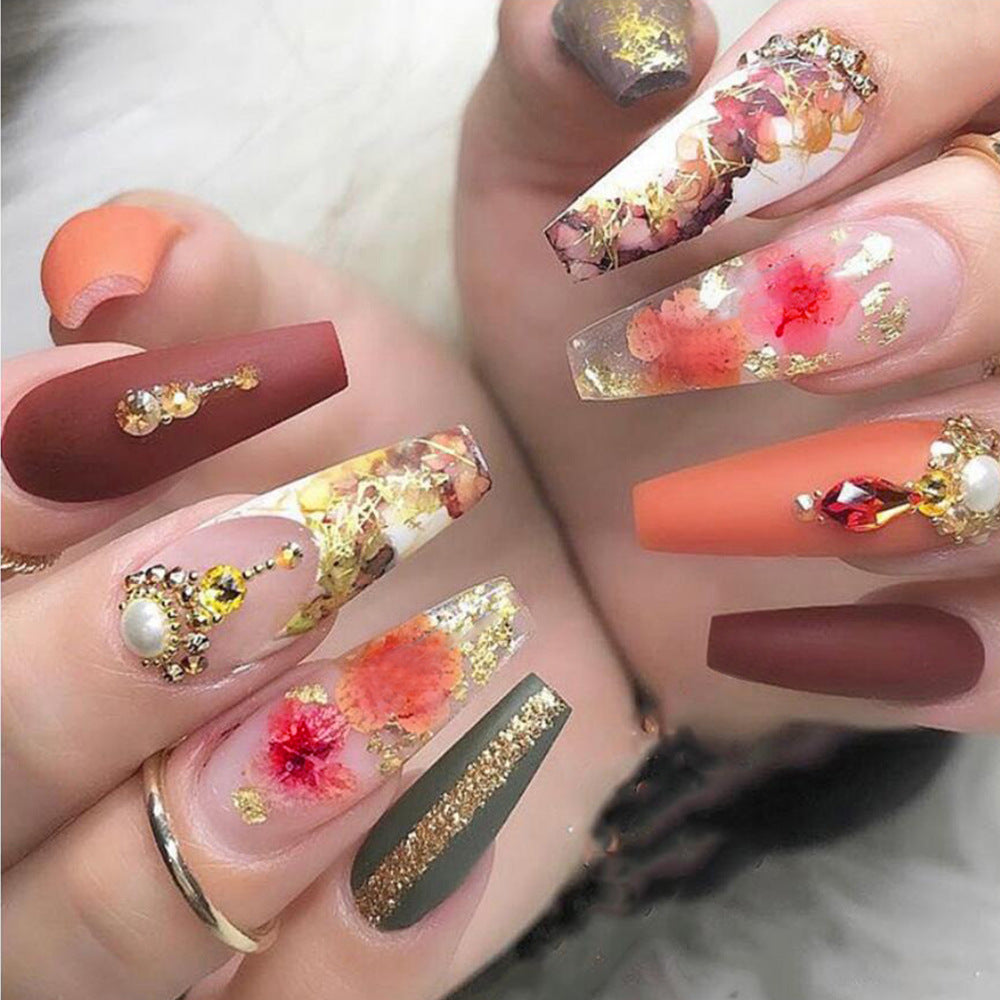 LS-NIGHT FLOWER- Long Almond Nail Shiny Fake Nails 24 Pieces【HALO STUDIO】