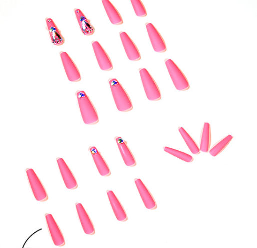 (L-006)Pink Love Gem  Coffin Fake Nails Acrylic Press on Full Cover Fake Nails 24pcs