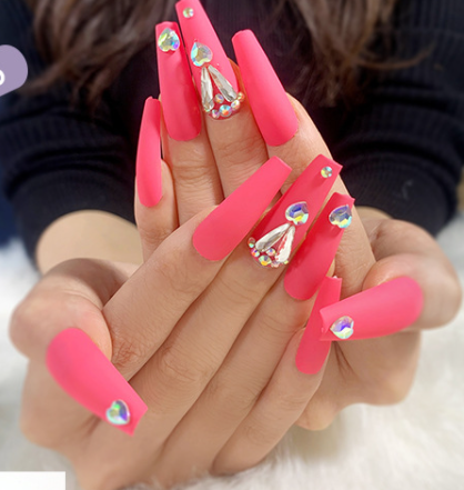 (L-006)Pink Love Gem  Coffin Fake Nails Acrylic Press on Full Cover Fake Nails 24pcs